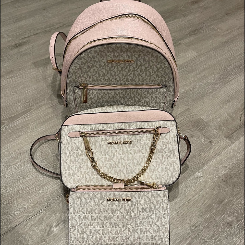 Matching pink and grey checkered Michael Kors bag bundle